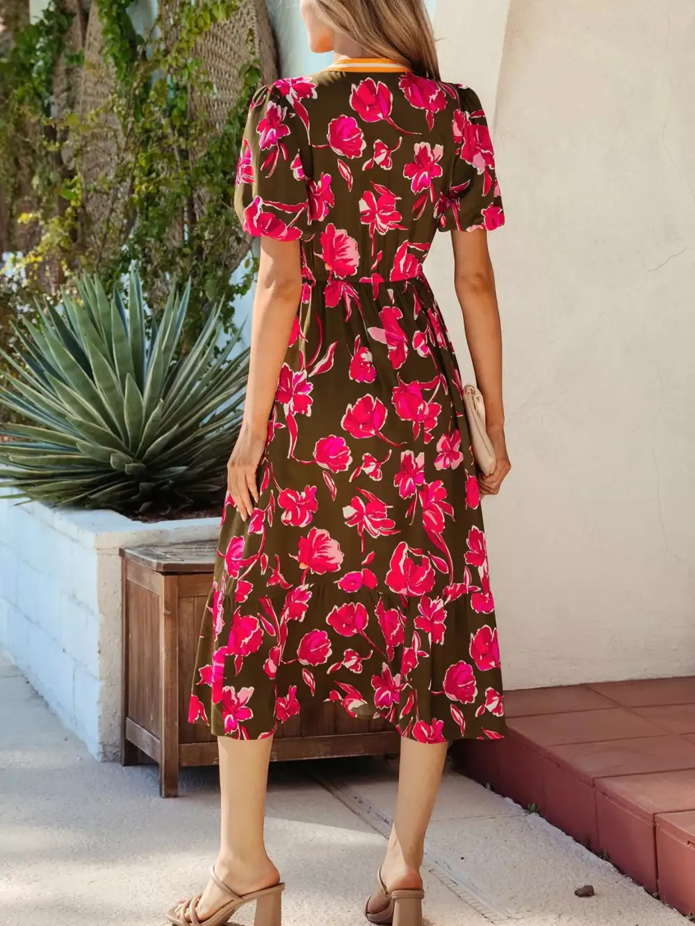 Gathered Detail Floral Printed Split Neck Dress