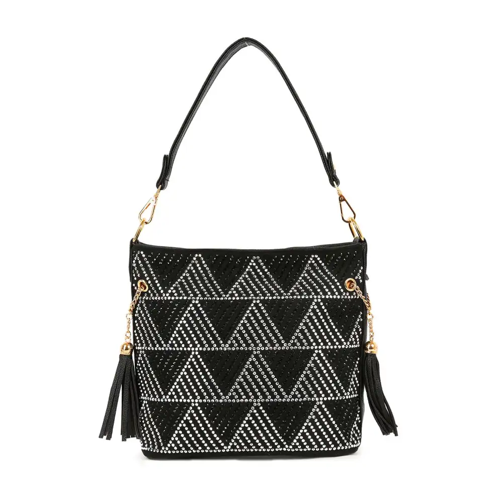 Versatile Detail Crystal Accent Tassel Accent Chain Accent Faux Leather Crossbody Bag