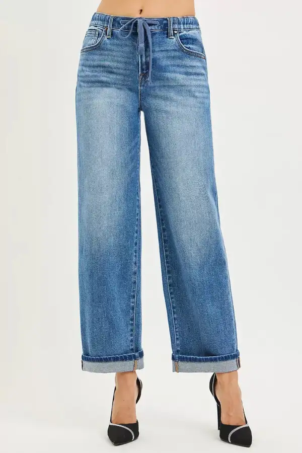 Elastic Waist Cuffed Denim Jeans