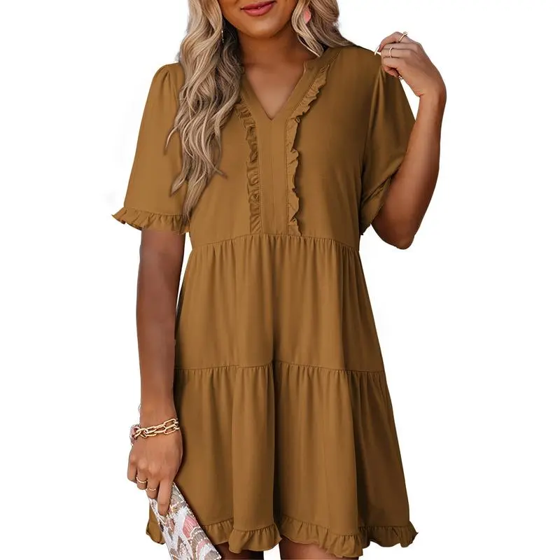 Womens Dresses 2025 Summer Spring V Neck Ruffle Short Sleeve Casual A-Line Flowy Swing Shift Dress Mini Dress