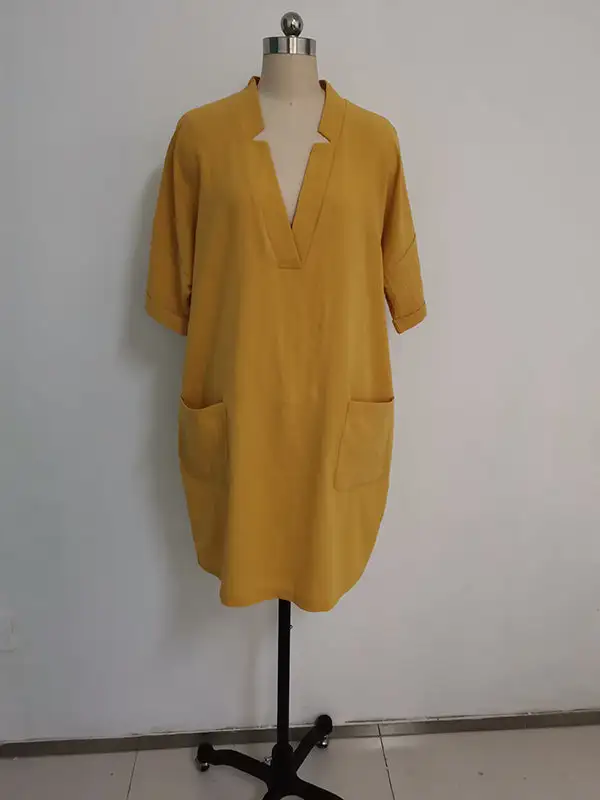 A Line High Waisted Pocket Solid Color Split Joint V Neck