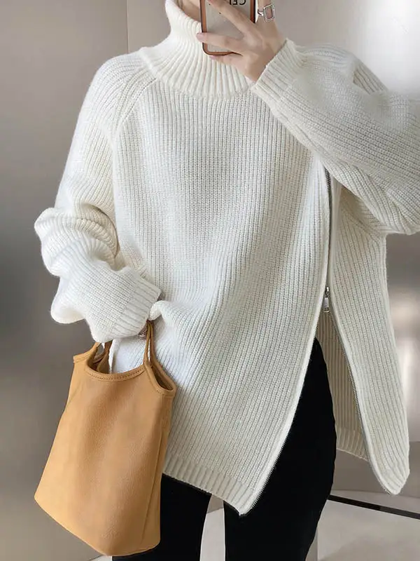 Split Hem Paneled Zip Detail High Neck Long Sleeve Sweater