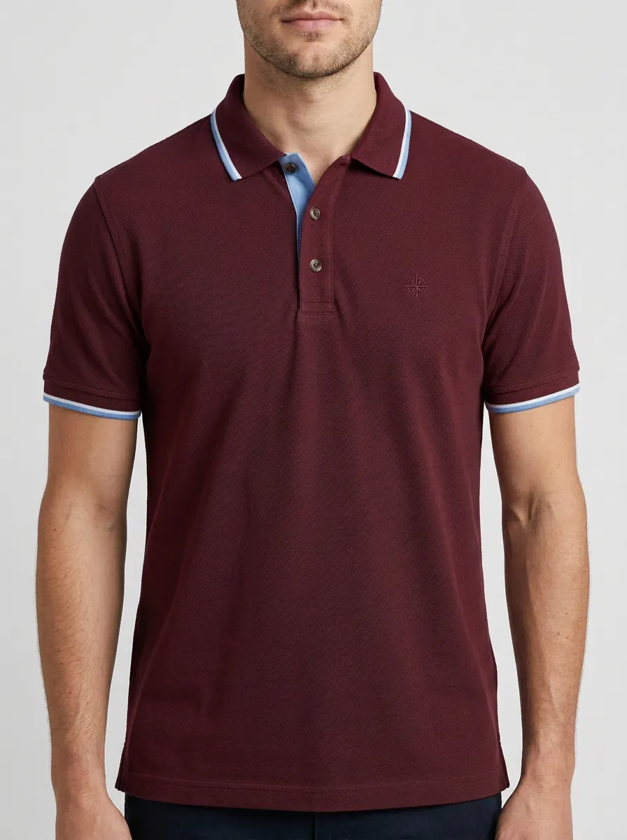 Men's Knit Ribbed Textured Tipped-Collar Compass-Emblem Embroidered Polo Shirt