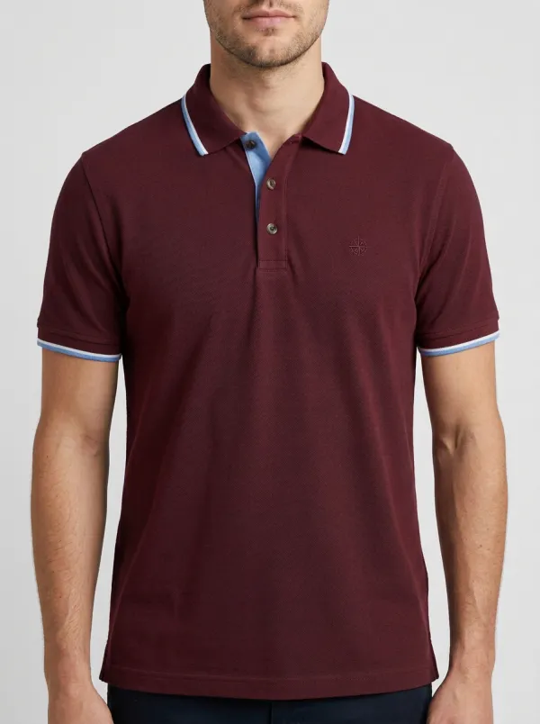 Men's Knit Ribbed Textured Tipped-Collar Compass-Emblem Embroidered Polo Shirt