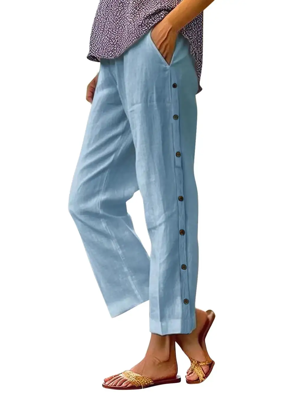 Side Decor Button Casual Wide Leg Pants