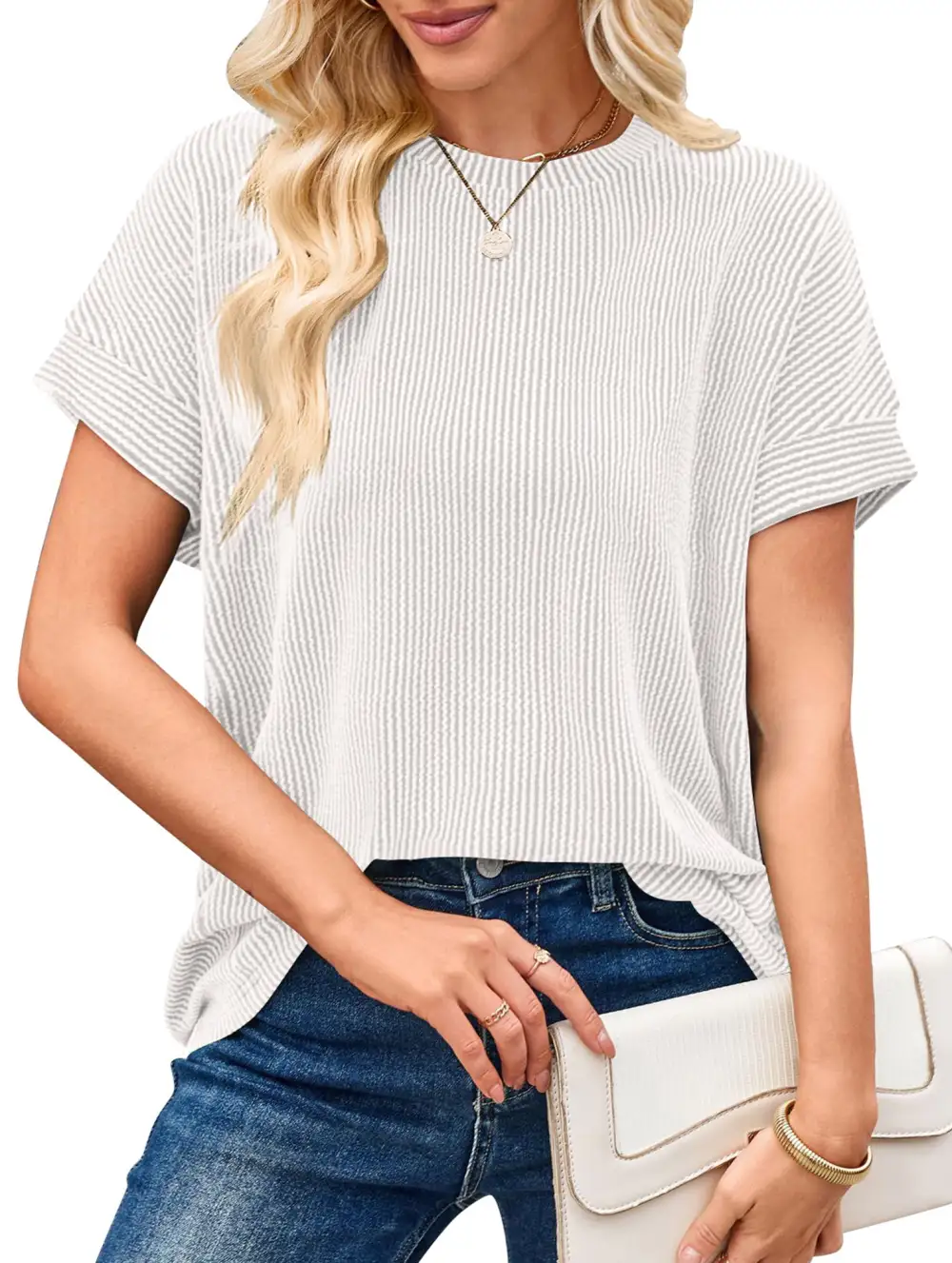 Ribbed Knit Crew Neck Tee