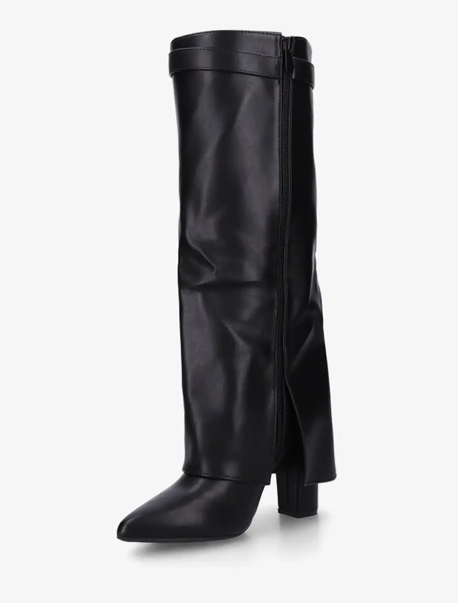 Classic Strap Detail Block Heel Fold-Over Faux Leather Knee High Boots