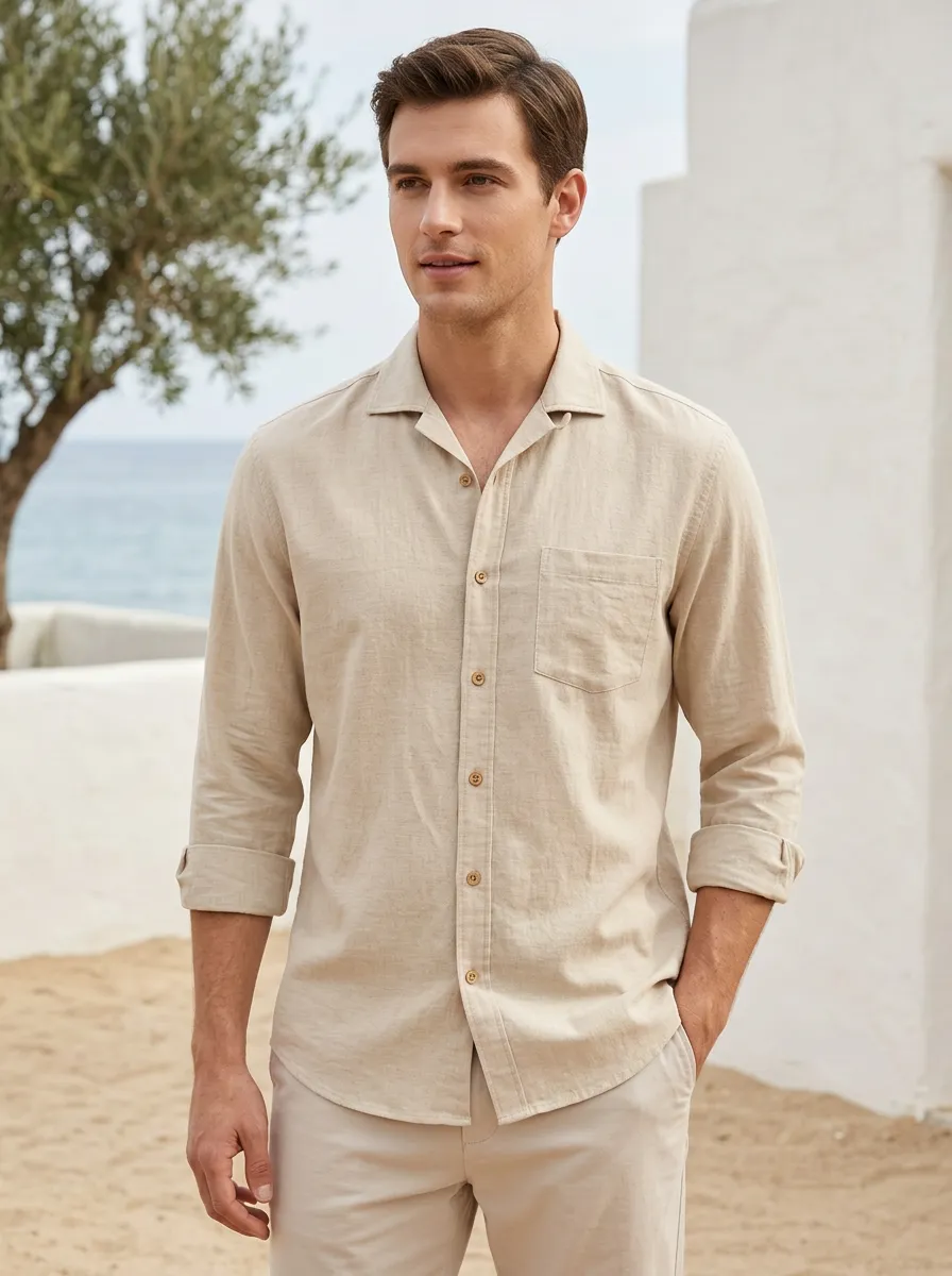 Men's Casual Beach Style Beige Linen Blend Button Down Shirt