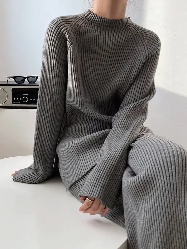 Relaxed Round Neck Side Split Sweater And Pants Set