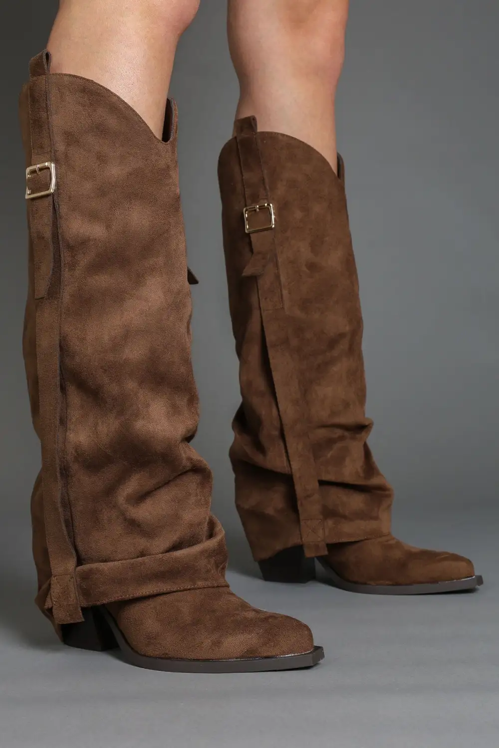 Modern Western Slouch Fold-Over Buckle Detail Knee High Boots