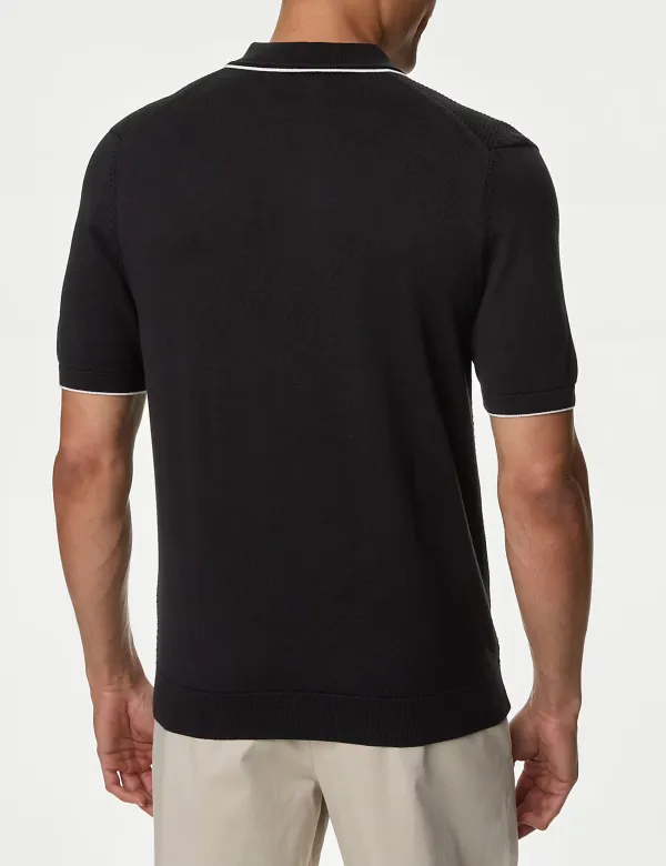 Men's Black Textured Knitted Polo Shirt