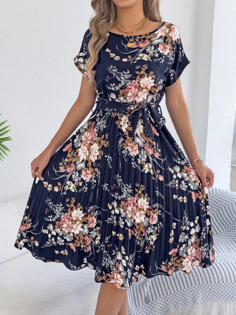 Print Pleated A-line Midi Dress