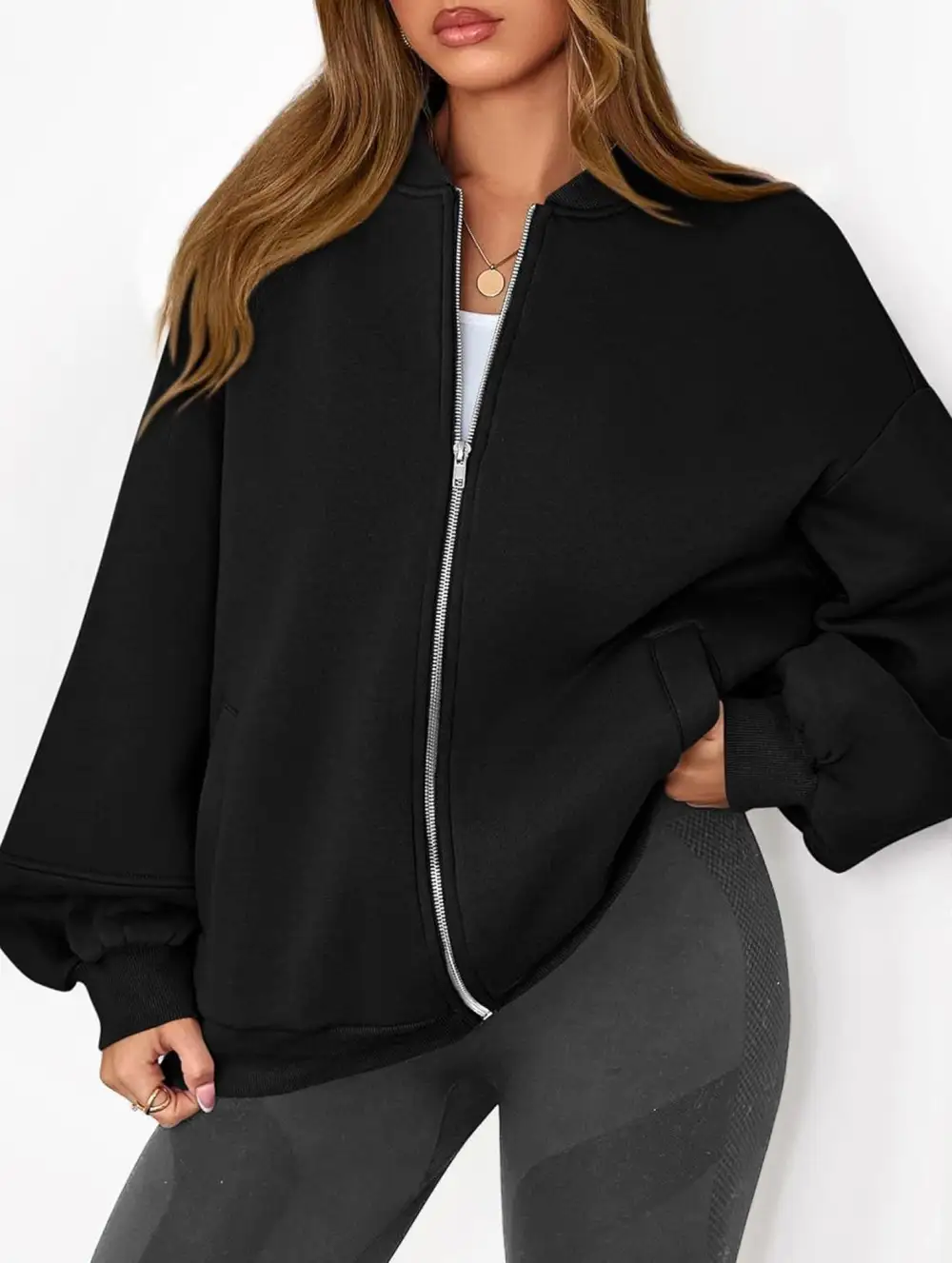 Textured Detail Zip-Up Sweatshirt Jacket