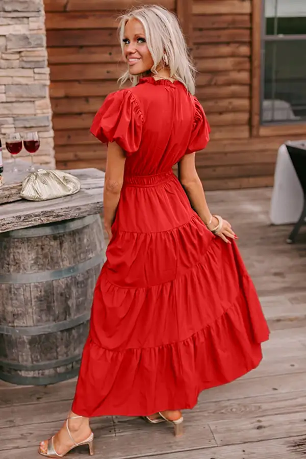 Soft Touch V Neck Tiered Puff Sleeve Maxi Dress
