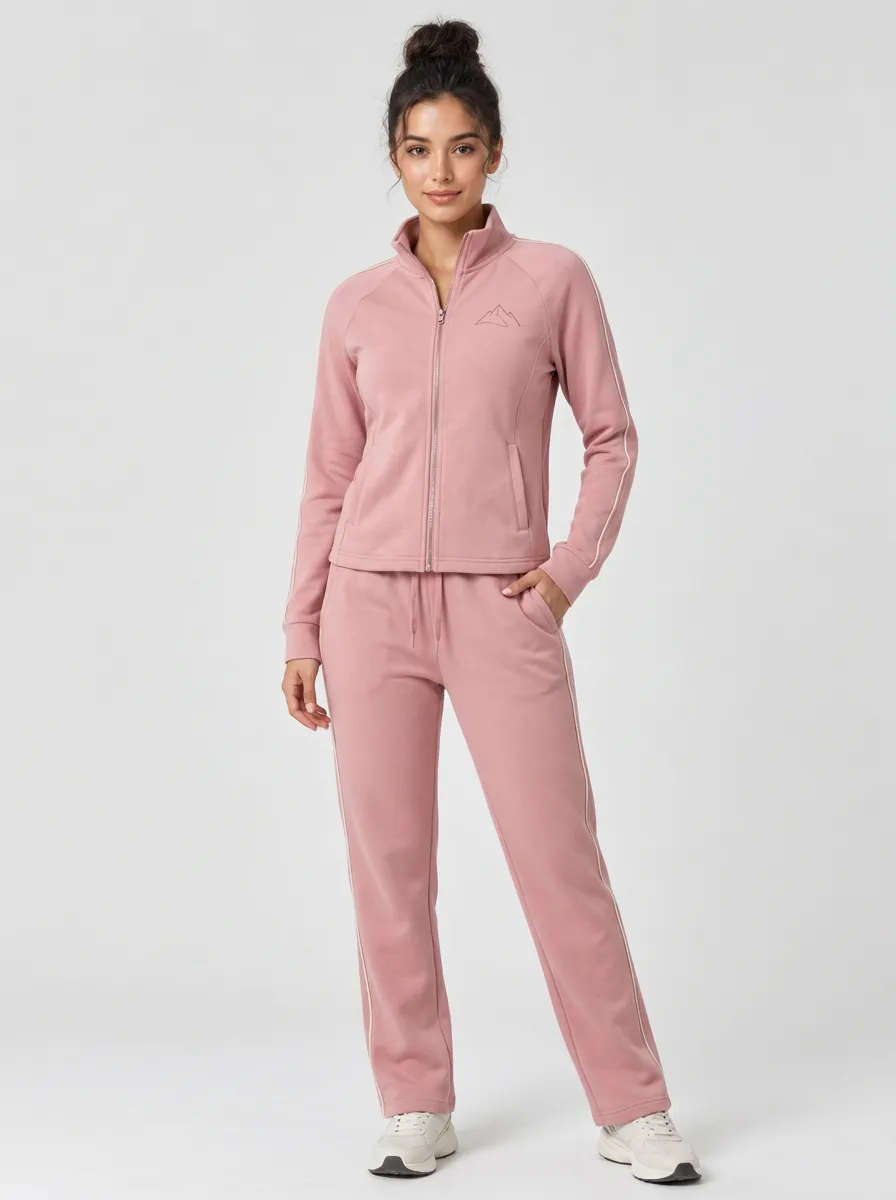 Women's Dusty Rose Zip-Up Jacket & Jogger Set with Contrast Piping Mountain Zip-Up Jacket & Jogger Set