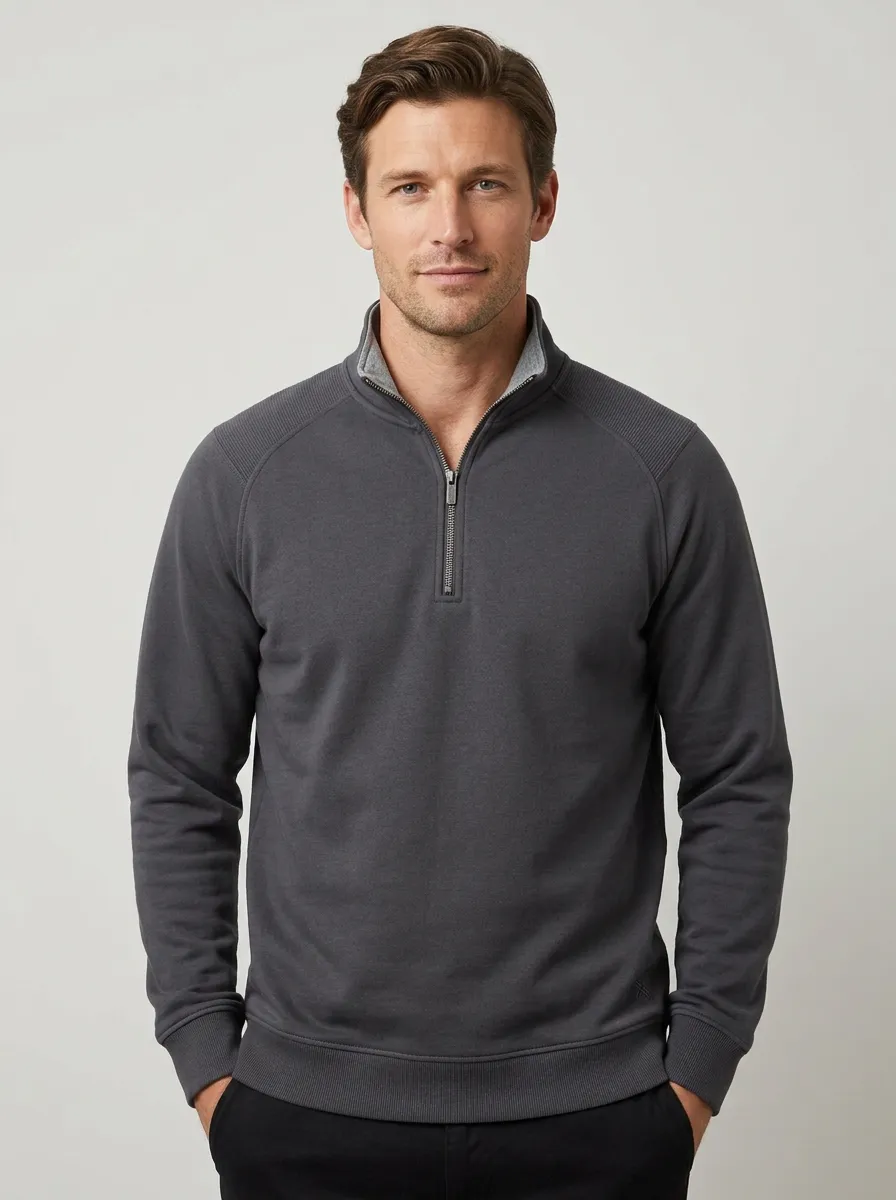 Men's Minimalist Panelled Textured Raglan Embroidered Emblem Quarter-Zip Sweatshirt