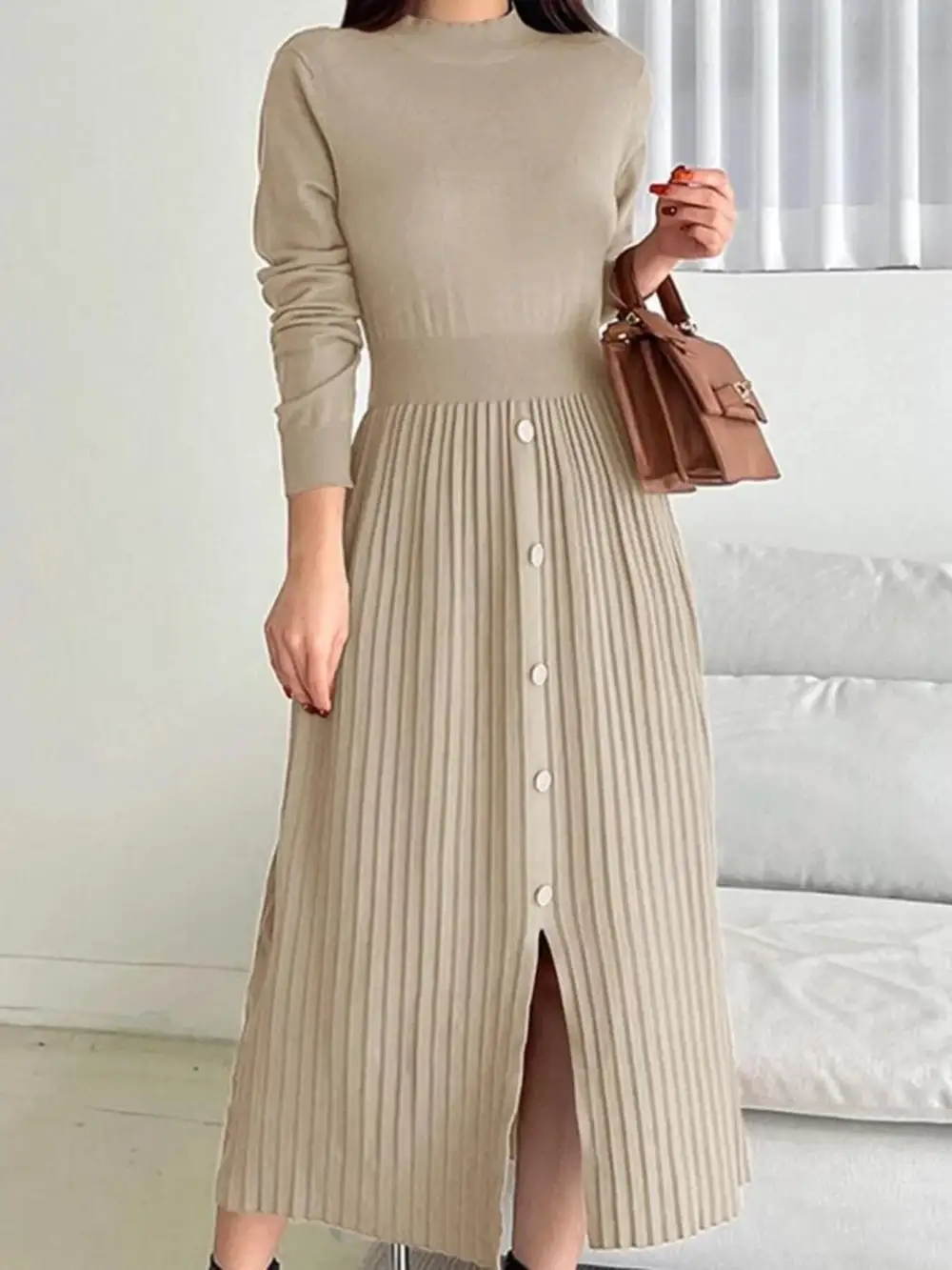 Knit Mock Neck Slit Sweater Dress