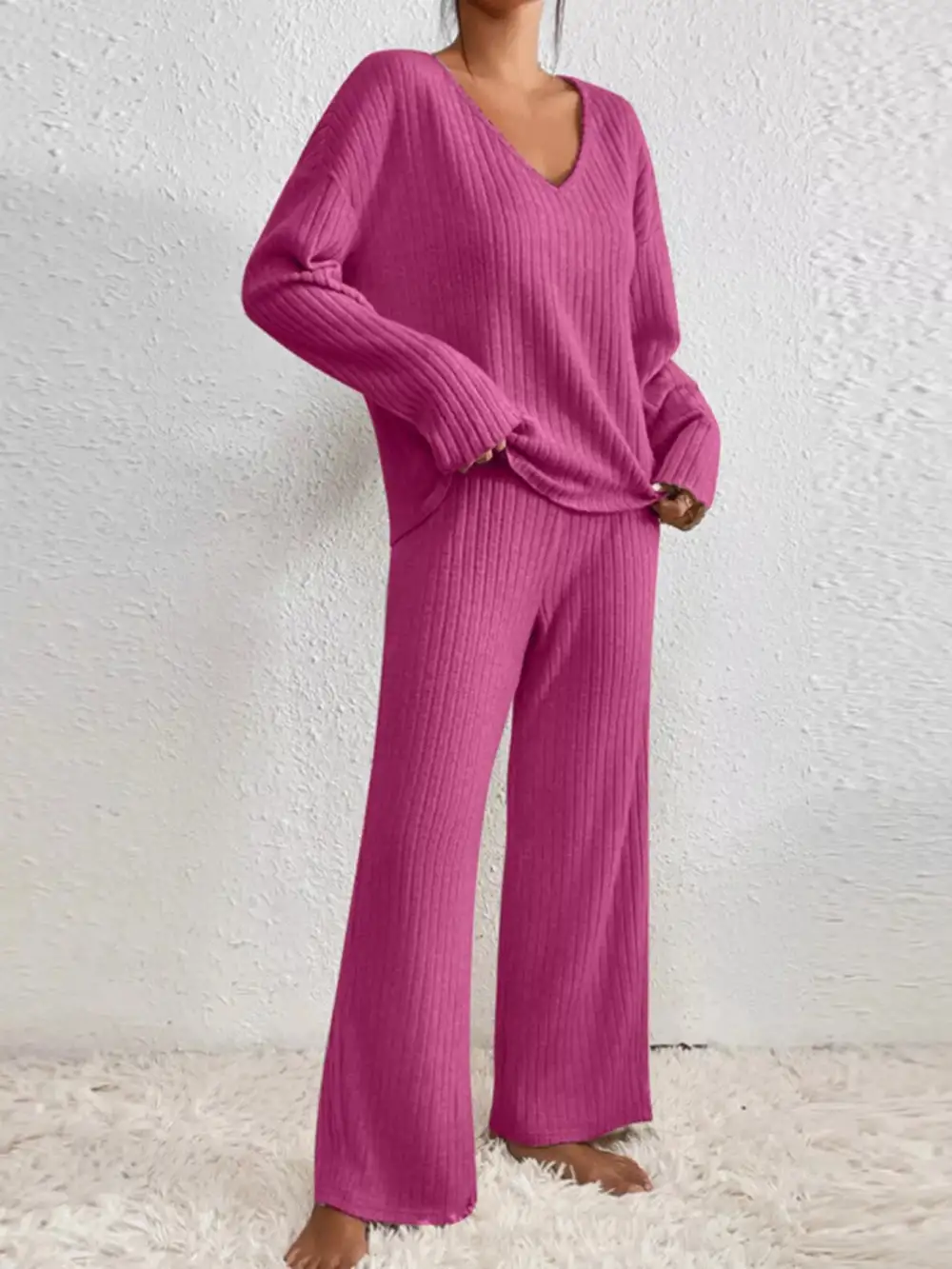 Ribbed Knit V Neck Top and Pants Set