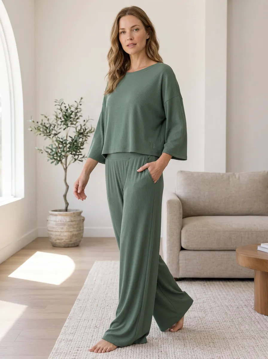 Women's Leisure Ready Ribbed Wide Leg Pajama Set