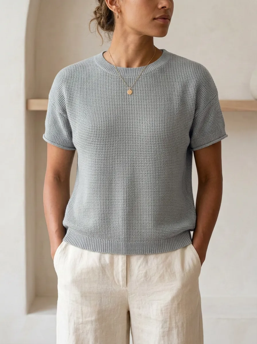 Women's Minimalist Crew-Neck Waffle Knit T-Shirt