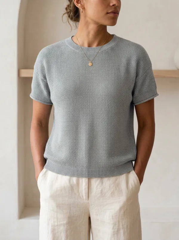 Women's Minimalist Crew-Neck Waffle Knit T-Shirt