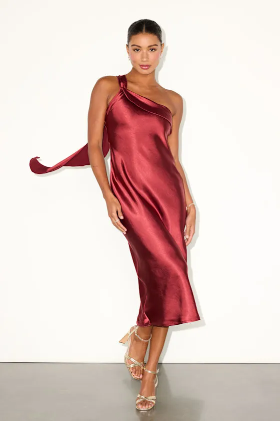 Naima Rust Red Satin One-Shoulder Midi Dress