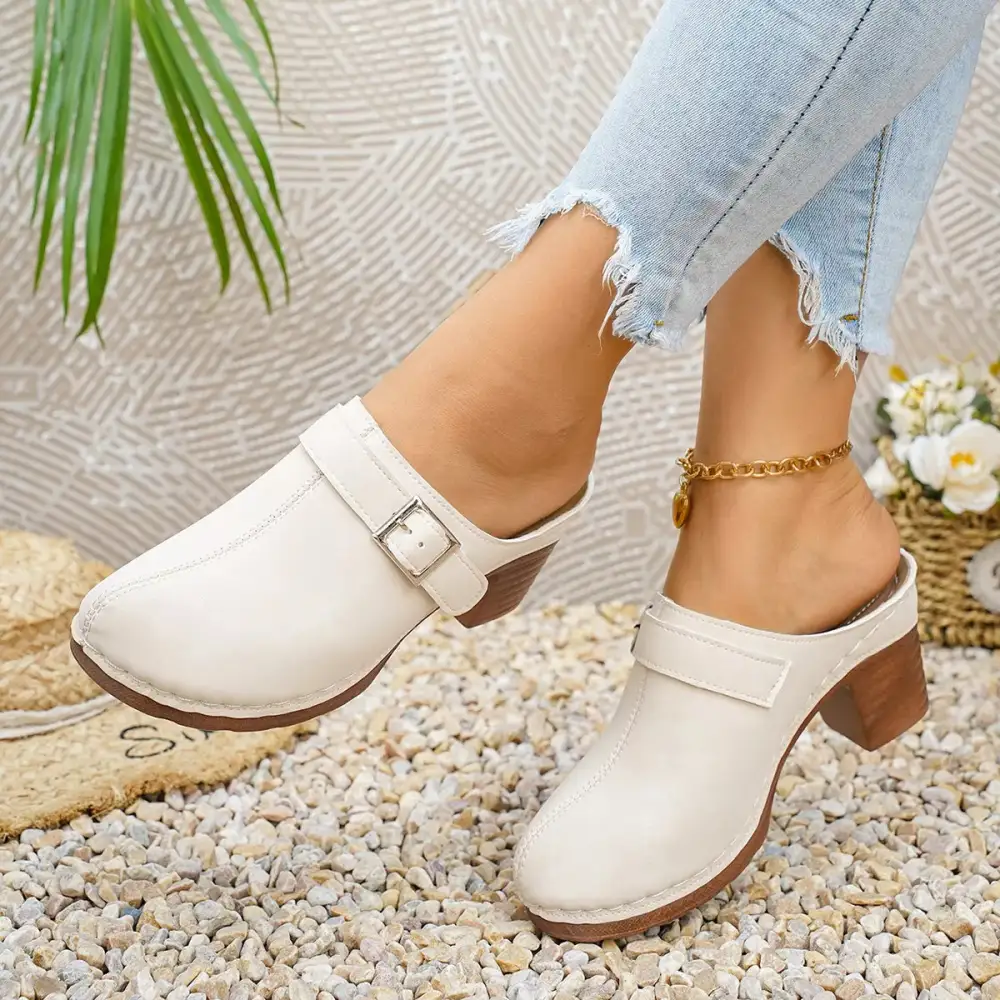 Textured Round Toe Block Heel Sandals