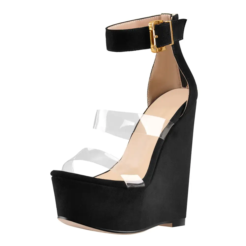 Suede Platform Transparent Strap Wedge Sandals