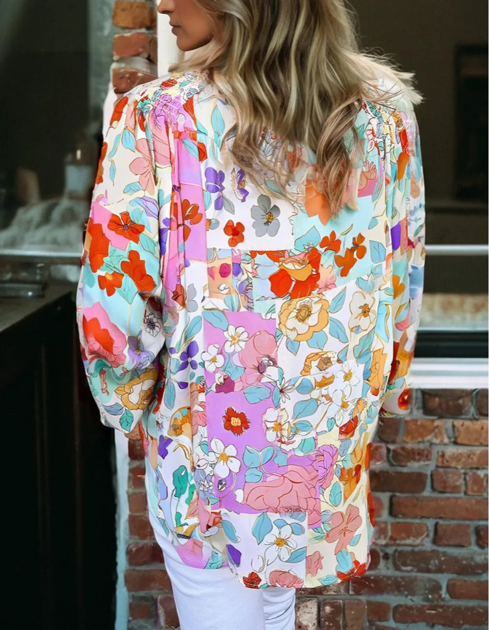 Pink Floral Print Patchwork Frilly Neckline Long Sleeve Shirt