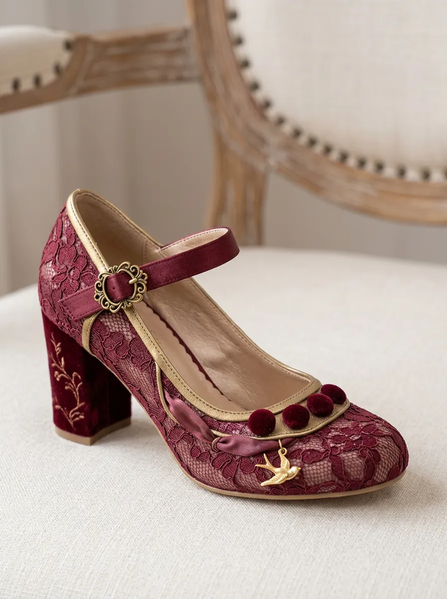 Mary Jane Lace Embroidered Women's Bavarian Occasion Heels