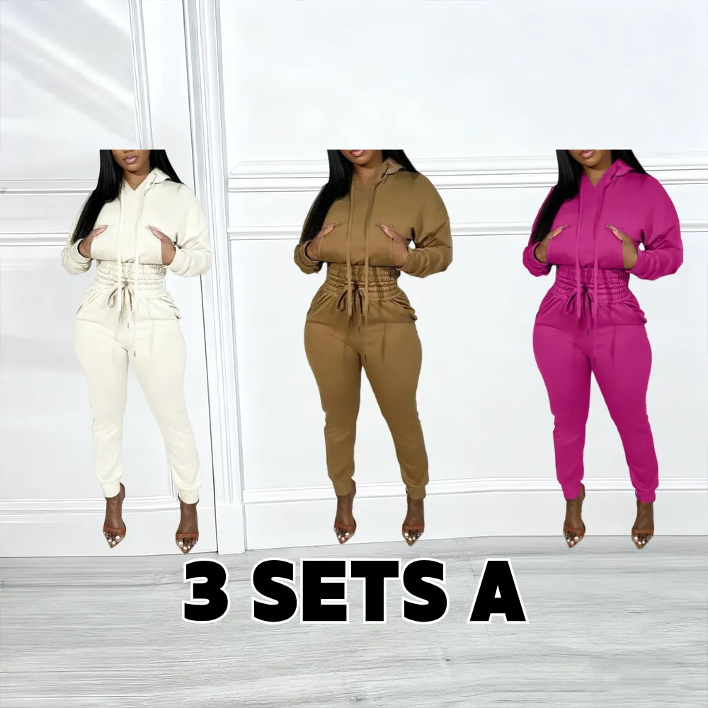 Women's Two-Piece Lounge Set with Hoodie and Shirred Waist Sweatpants Featuring Pocket Design