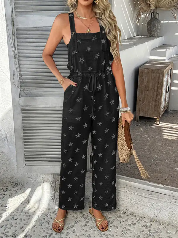 Mouwloze Jumpsuits Met Trekkoord Knoopsluiting En Bedrukte Spaghetti