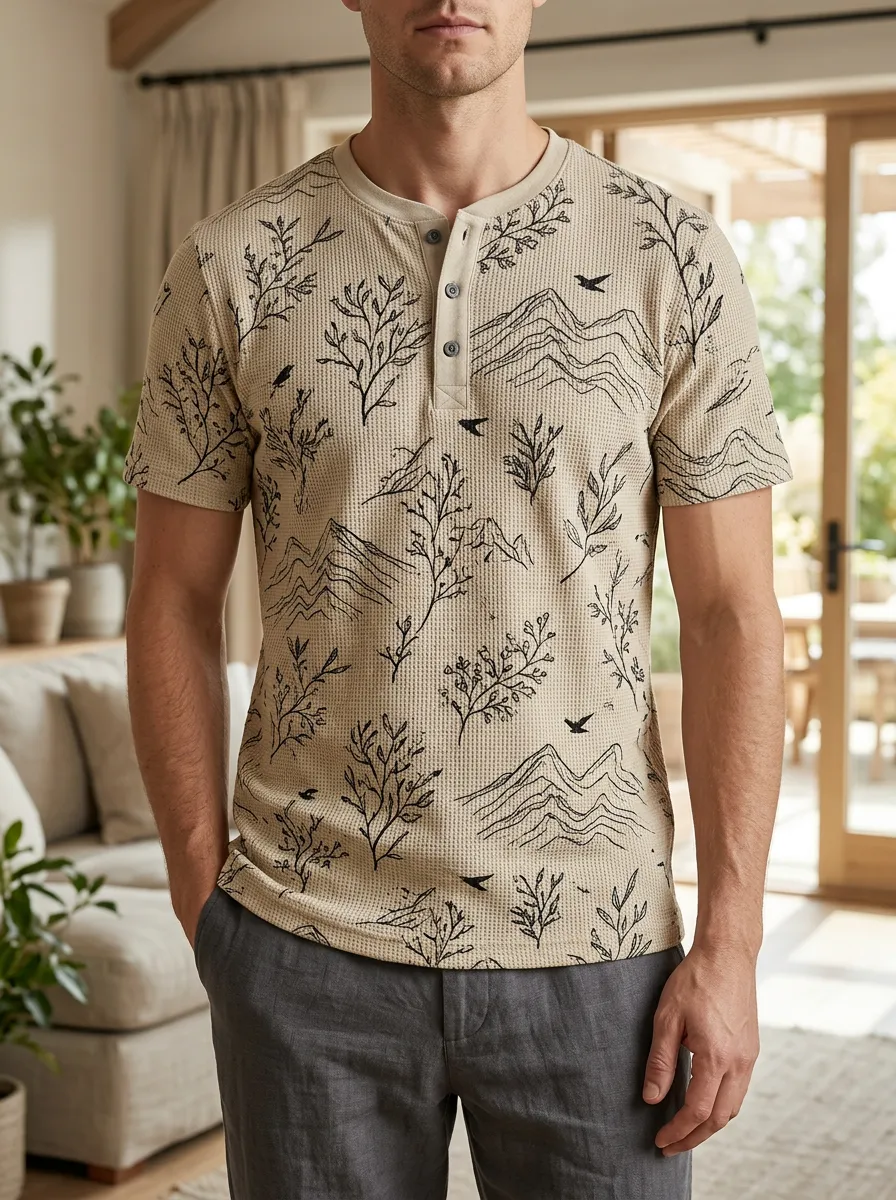 Men's Classic Nature Lover Mountain Forest Henley T-Shirt