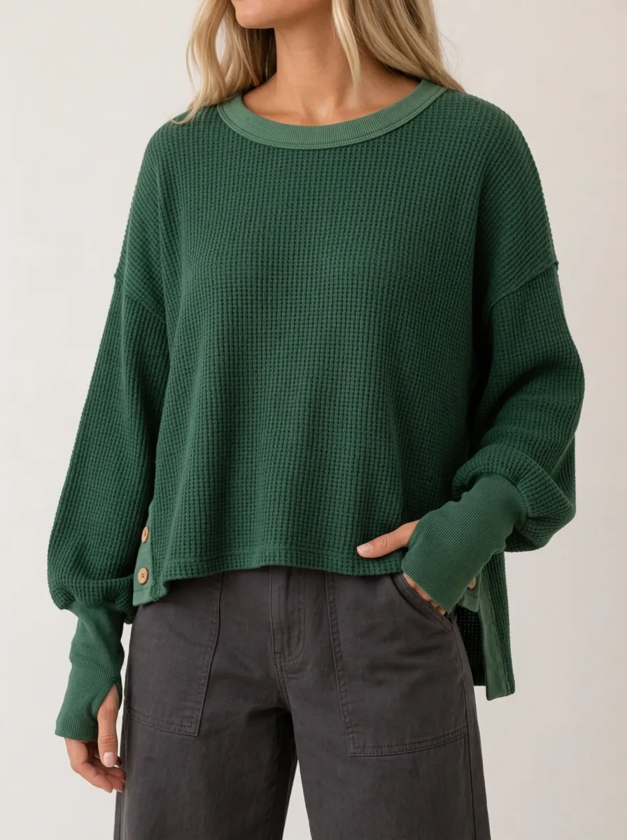 Women's Green Waffle Knit Button Side Long Sleeve Top