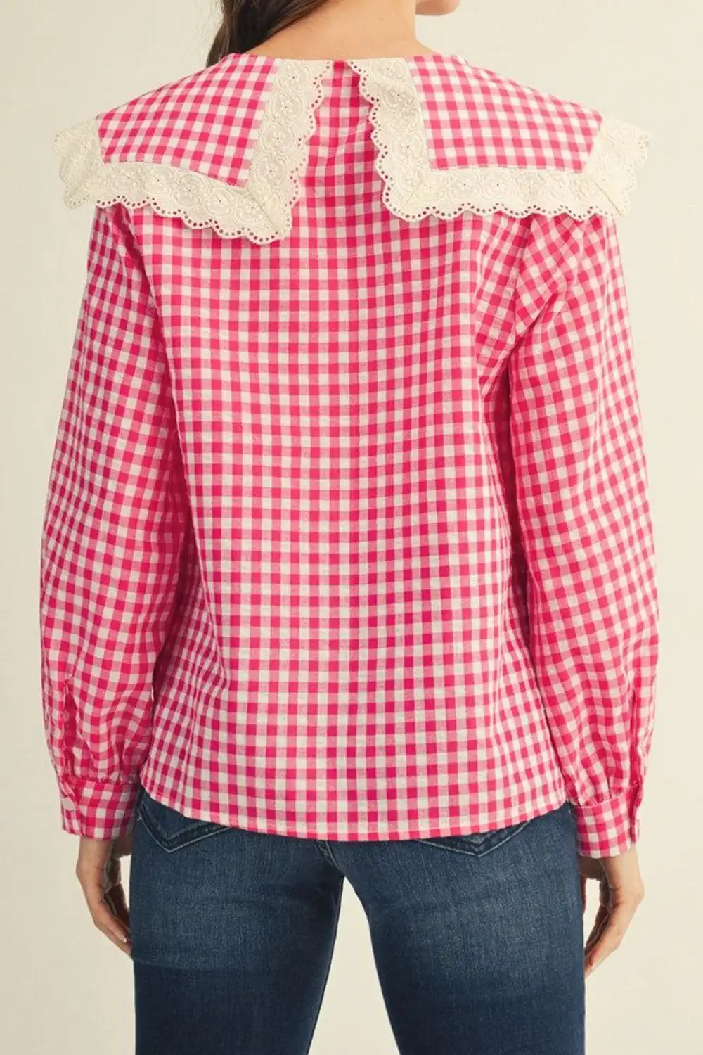 Gingham Lace Button Down Collared Shirt