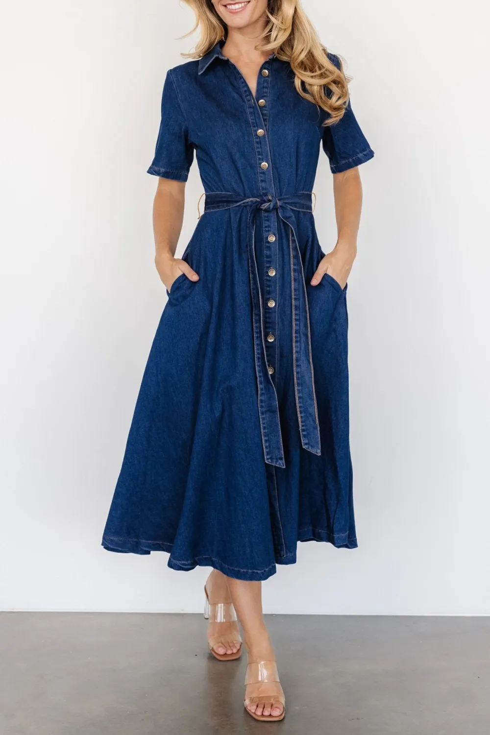 Minimalist Vintage Denim Blue Belt High Waist Dress