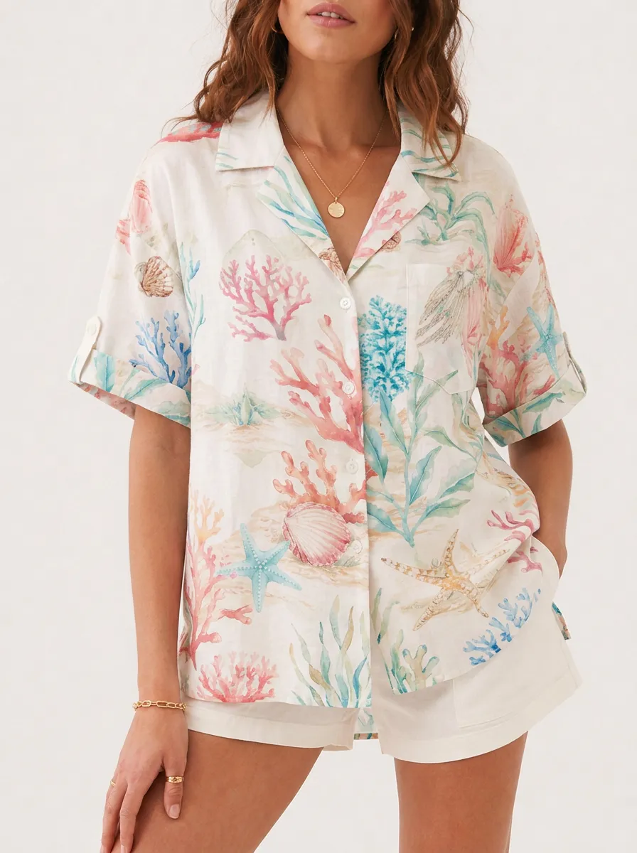 Women's Coastal Print Camp Collar Chest Pocket Shirt