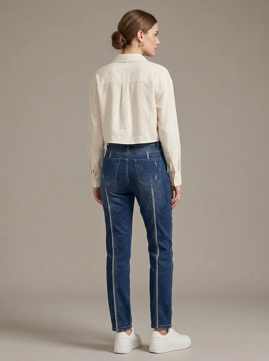 Women's High-Waisted Seam Detail Distressed Denim Jeans