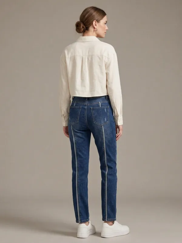 Women's High-Waisted Seam Detail Distressed Denim Jeans