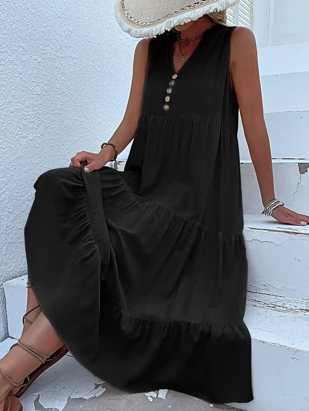 Notch-Neck Buttoned Sleeveless Tiered Midi Dress