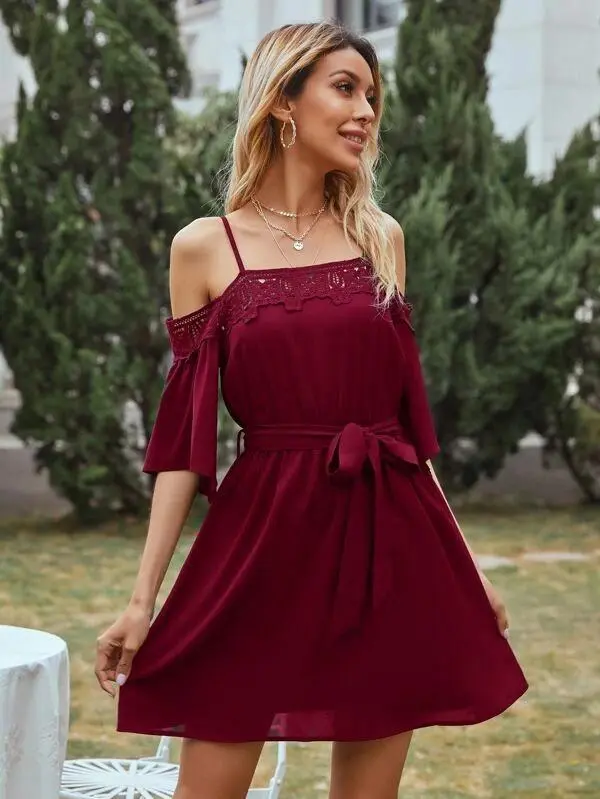 Women Solid Cold Shoulder Belted Dress