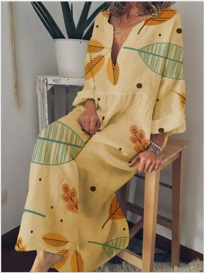 V-neck print loose long sleeve long dress for women