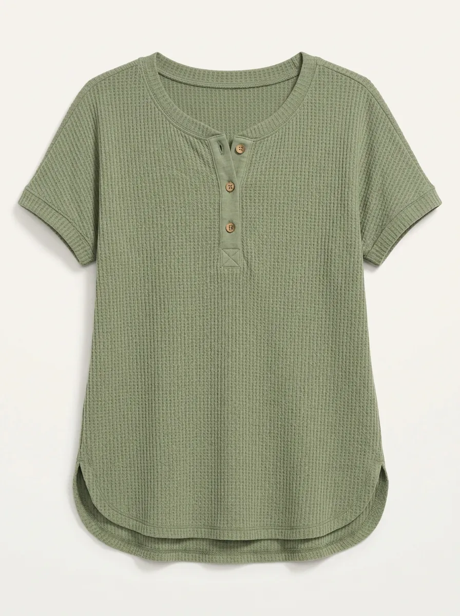 Women's Sage Green Waffle-Knit Henley Top with Curved Hem