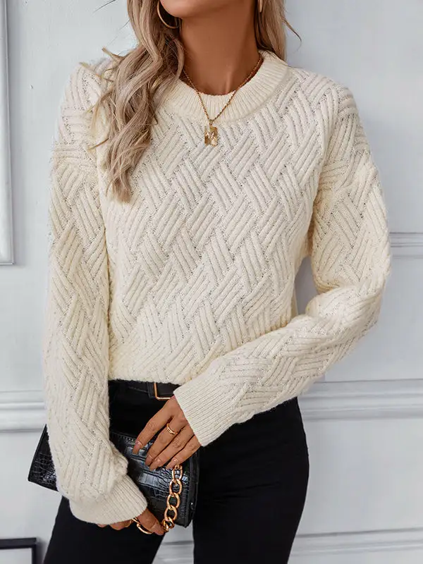Paneled Round Neck Long Sleeve Relaxed Fit Pullover Sweater