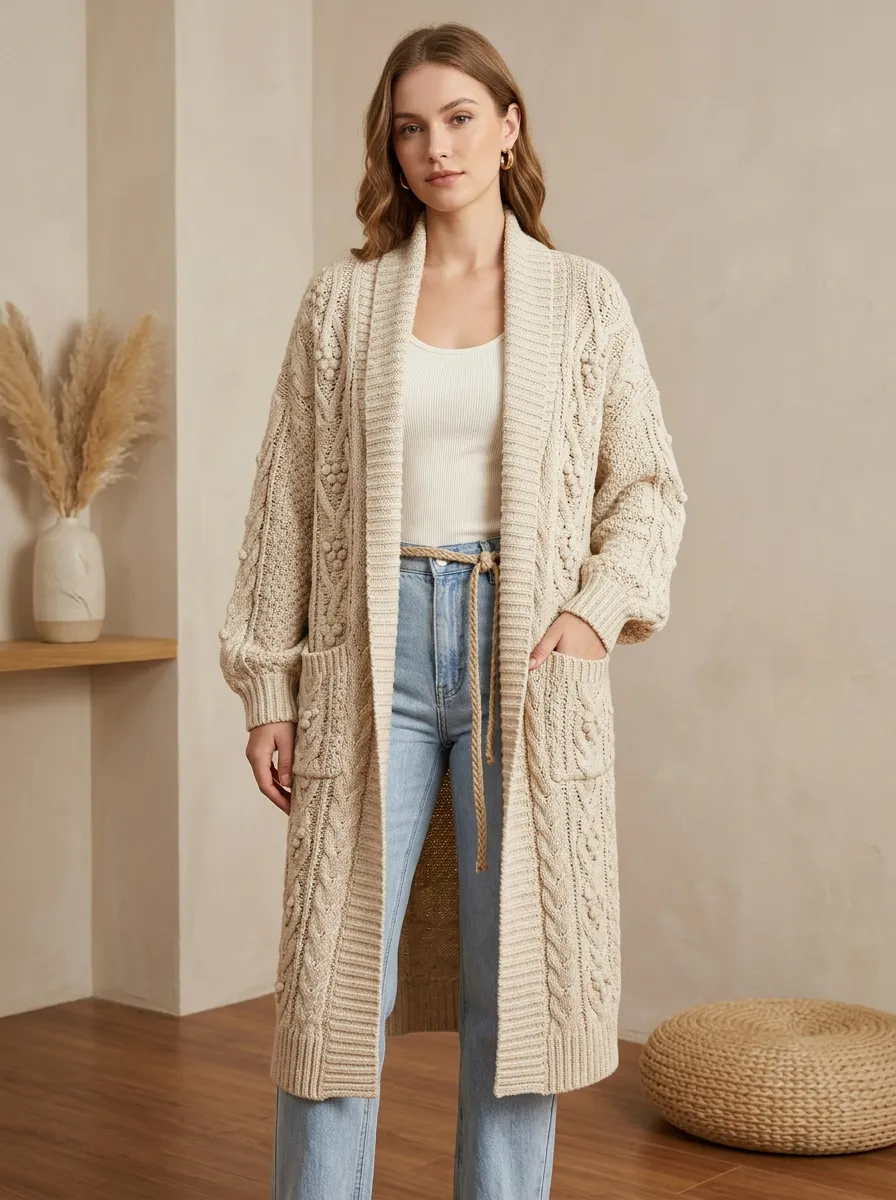 Women's Cable-Knit Longline Cardigan Relaxed-Fit