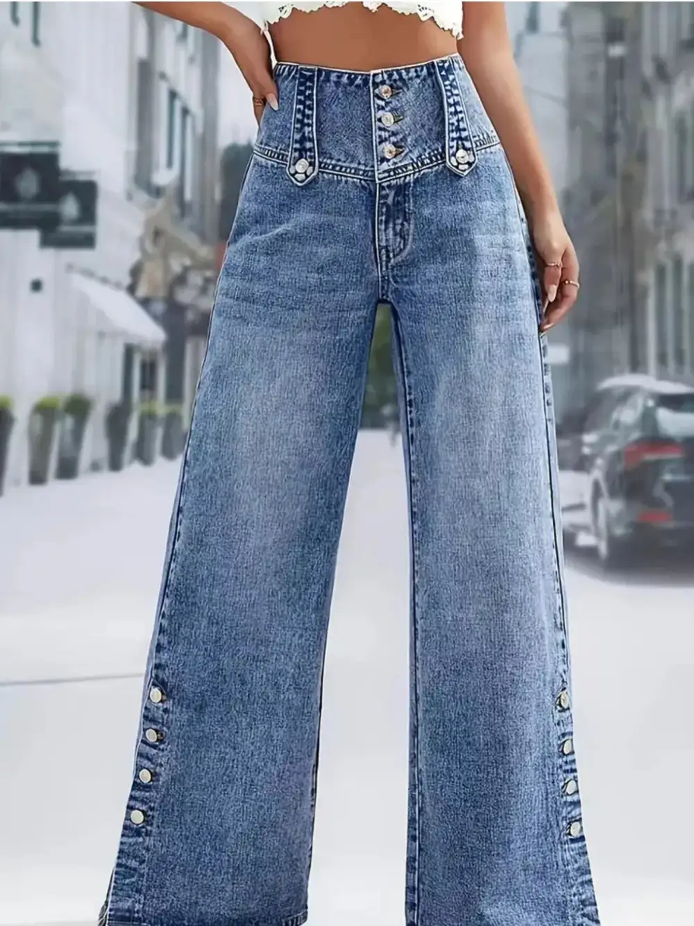 High Waist Wide Leg Button Denim Jeans