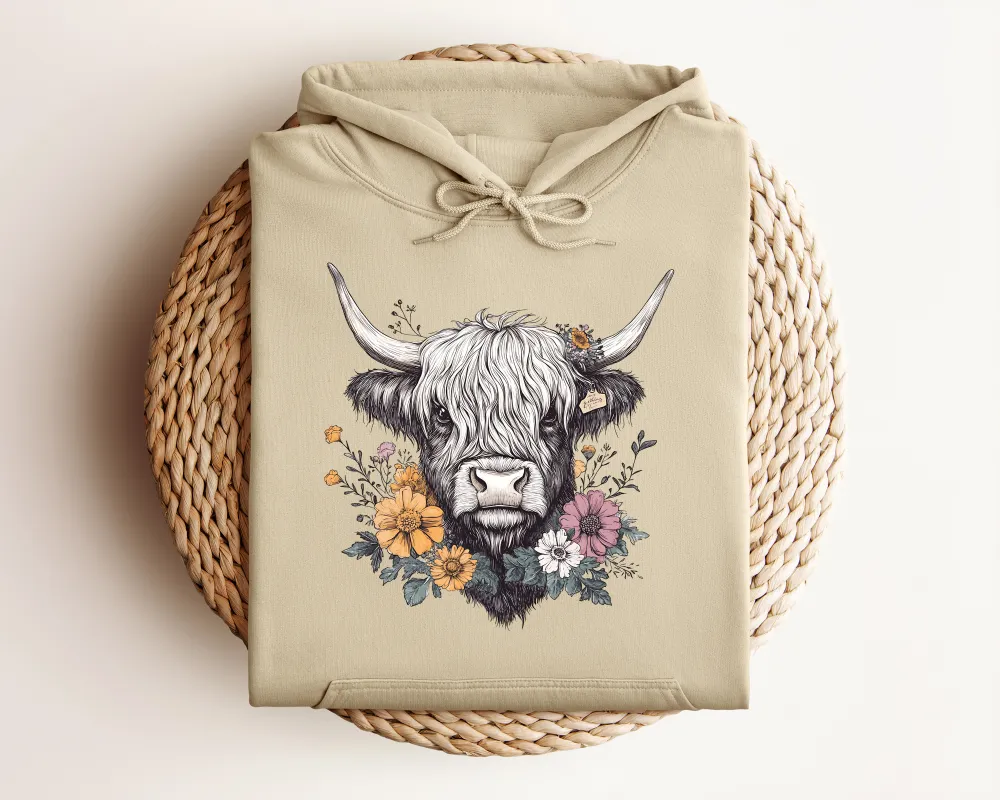 Highland Cow Floral Graphic Pullover Hoodie