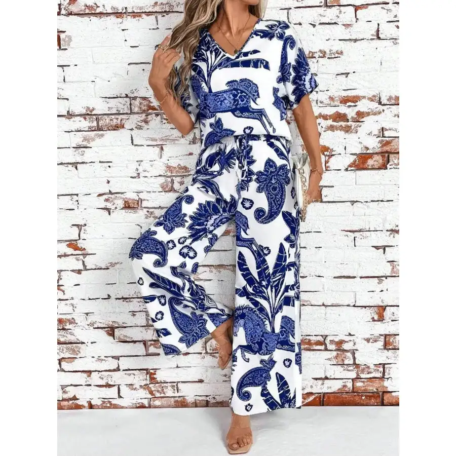 Printed V Neck Top and Wide Leg Pants Set