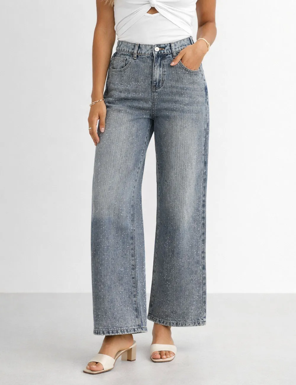 Allover Rhinestone Button-fly Wide Leg Denim Pants