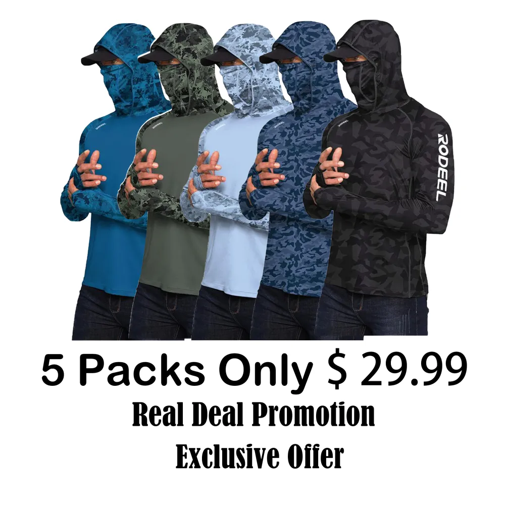 Sun Hoodie Shirt w/ UV Detection Mask Neck Gaiter Thumbhole Men UPF 100+ Sun Protection Raglan Long Sleeve Lightweight Quick Dry Moisture Wicking Breathable Cooling Athletic Activewear for Outdoor Hiking Fishing Construction Roofing Landscaping